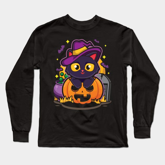 Cute Halloween Pumpkin Cat Long Sleeve T-Shirt by ultraelectrogalacticshop